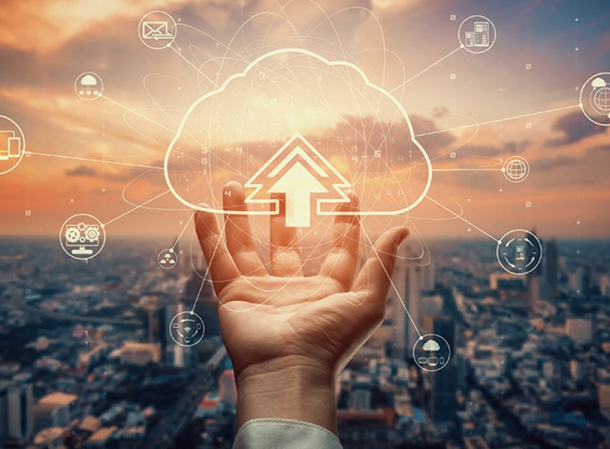 Cloud computing technology and online data storage for shrewd business network concept . Computer connects to internet server service for cloud data transfer presented in 3D futuristic graphic .